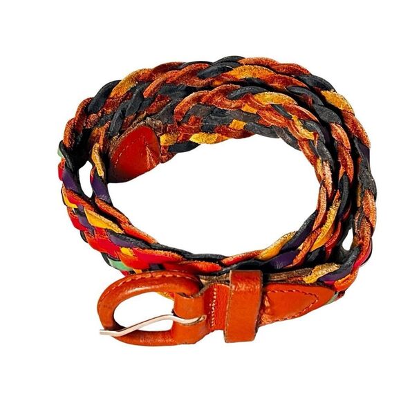 No Brand Accessories - Vintage Rainbow Leather Woven Braided Belt Size S-M Eclectic Boho Festival Retro